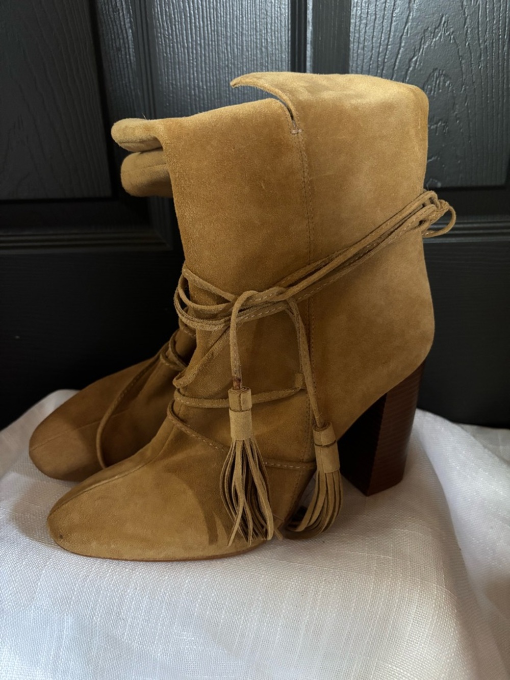 Zara Suede Tassel Wrap Ankle Boots - Camel